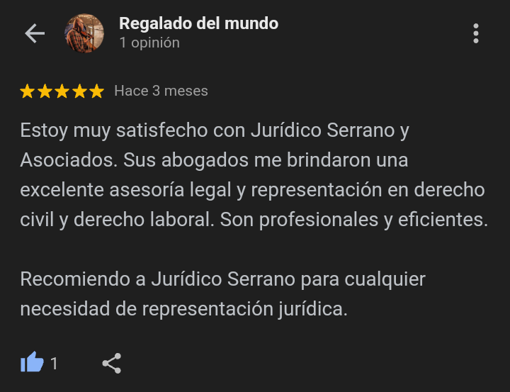 Estoy muy satisfecho con Jurídico Serrano y Asociados. Sus abogados me brindaron una excelente asesoría legal y representación en derecho civil y derecho laboral. Son profesionales y eficientes. Recomiendo a Jurídico Serrano para cualquier necesidad de representación jurídica.