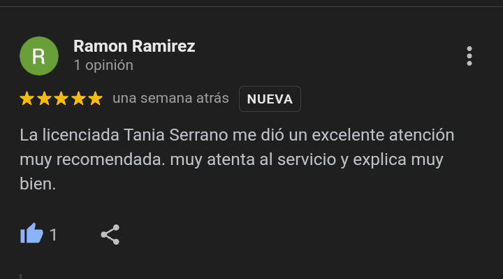 La licenciada Tania Serrano me dió un excelente atención muy recomendada. muy atenta al servicio y explica muy bien.